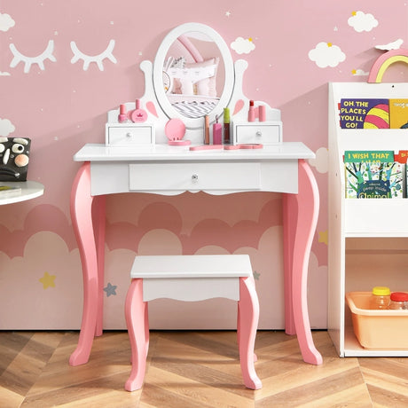 Kids Vanity Table and Chair Set with Detachable Rotatable Mirror-White