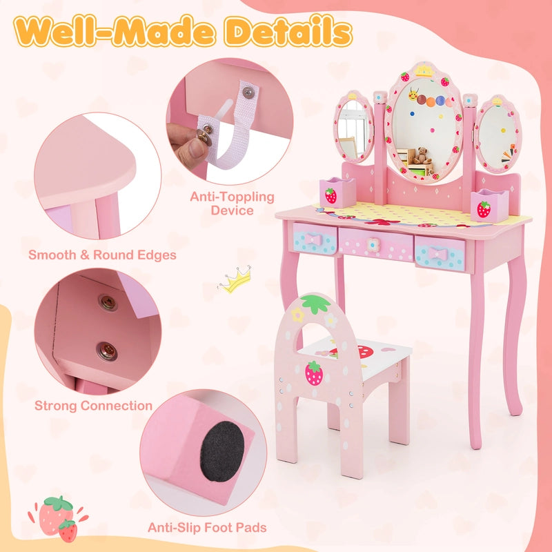 2-in-1 Kids Vanity Table and Chair Set-Pink