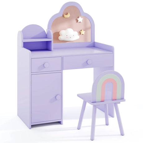 Kids Vanity Table and Chair Set with Cloud-shaped Mirror and Open Shelf-Purple