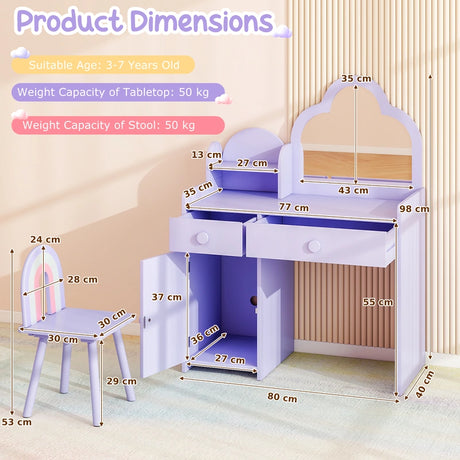 Kids Vanity Table and Chair Set with Cloud-shaped Mirror and Open Shelf-Purple