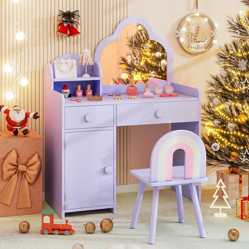 Kids Vanity Table and Chair Set with Cloud-shaped Mirror and Open Shelf-Purple