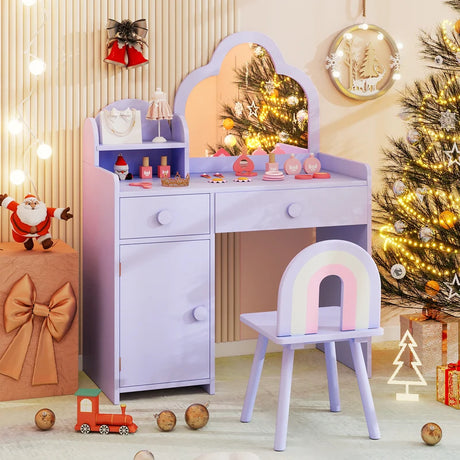 Kids Vanity Table and Chair Set with Cloud-shaped Mirror and Open Shelf-Purple