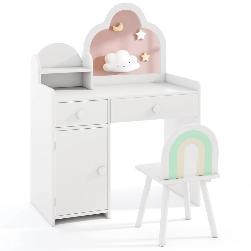 Kids Vanity Table and Chair Set with Cloud-shaped Mirror and Open Shelf-White