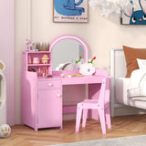 Kids Vanity Table and Chair Set with Shelves Drawer and Cabinet-Pink