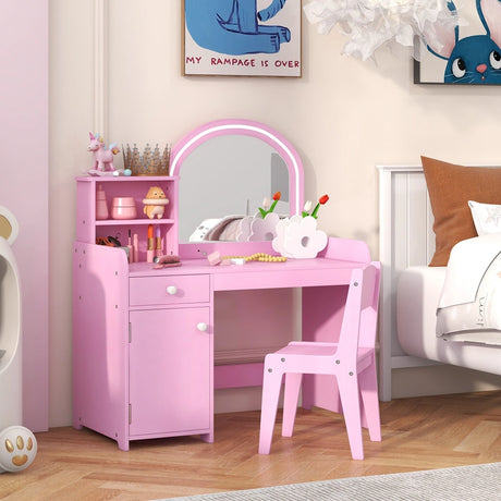 Kids Vanity Table and Chair Set with Shelves Drawer and Cabinet-Pink