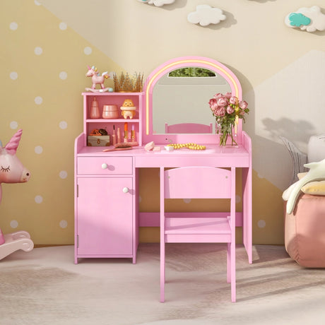Kids Vanity Table and Chair Set with Shelves Drawer and Cabinet-Pink