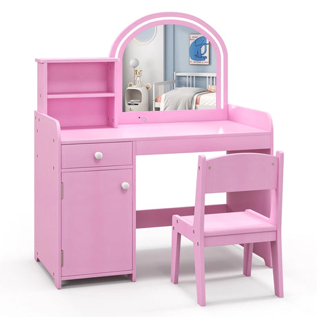 Kids Vanity Table and Chair Set with Shelves Drawer and Cabinet-Pink