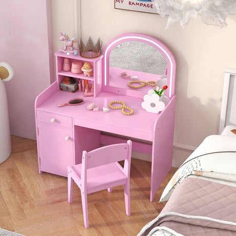 Kids Vanity Table and Chair Set with Shelves Drawer and Cabinet-Pink