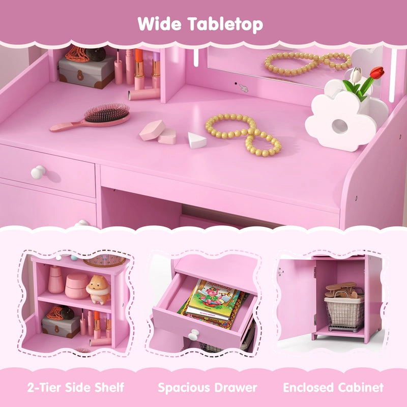 Kids Vanity Table and Chair Set with Shelves Drawer and Cabinet-Pink