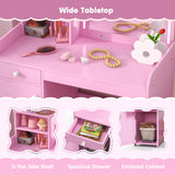 Kids Vanity Table and Chair Set with Shelves Drawer and Cabinet-Pink