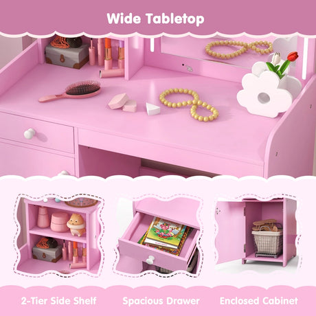 Kids Vanity Table and Chair Set with Shelves Drawer and Cabinet-Pink