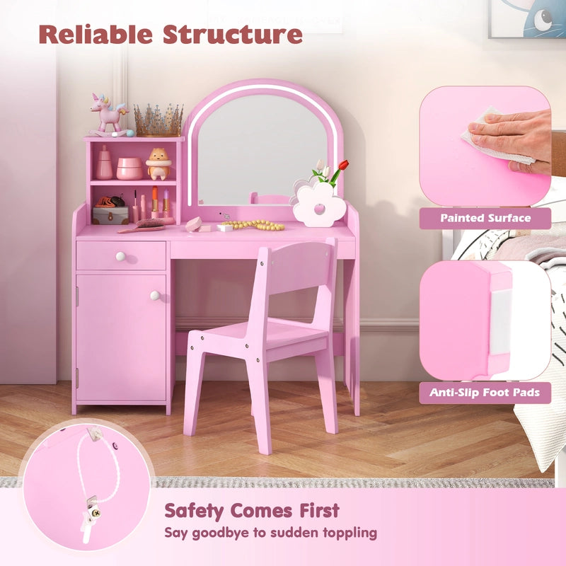 Kids Vanity Table and Chair Set with Shelves Drawer and Cabinet-Pink