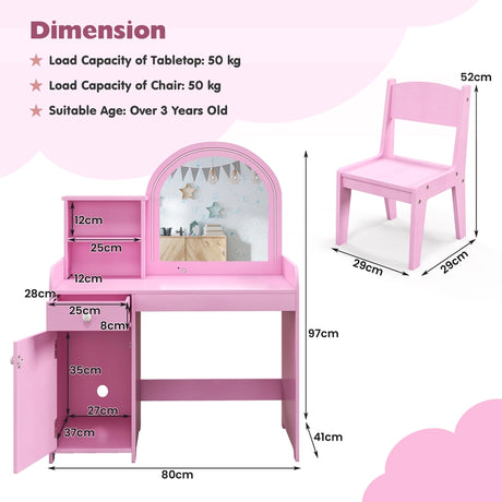 Kids Vanity Table and Chair Set with Shelves Drawer and Cabinet-Pink