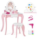 Kids Vanity Table and Stool 2 in 1 with Rotatable Mirror and Whiteboard-Pink &amp; White
