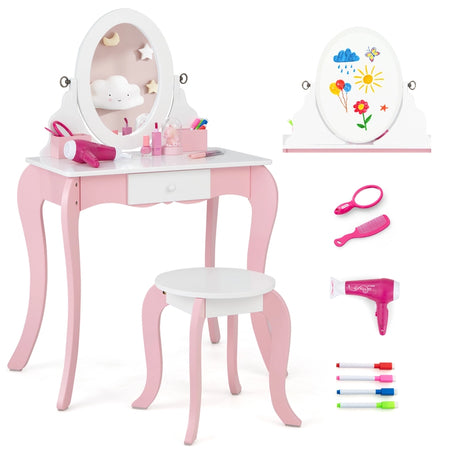 Kids Vanity Table and Stool 2 in 1 with Rotatable Mirror and Whiteboard-Pink &amp; White