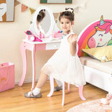 Kids Vanity Table and Stool 2 in 1 with Rotatable Mirror and Whiteboard-Pink &amp; White
