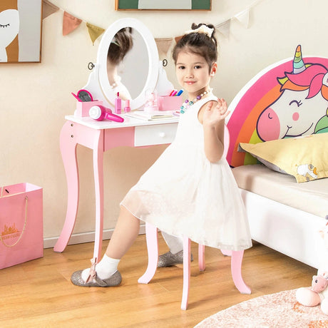 Kids Vanity Table and Stool 2 in 1 with Rotatable Mirror and Whiteboard-Pink &amp; White