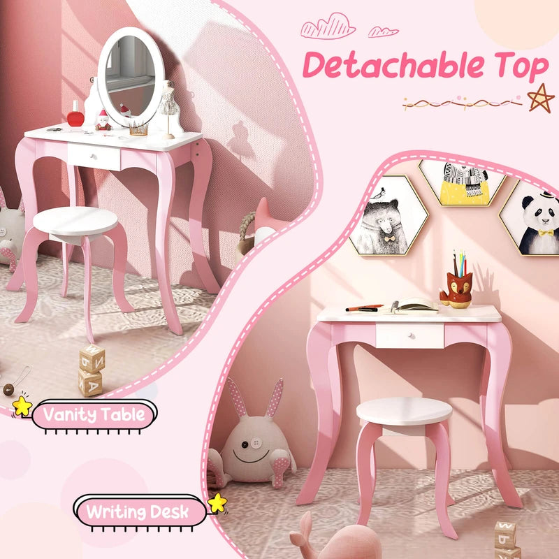 Kids Vanity Table and Stool 2 in 1 with Rotatable Mirror and Whiteboard-Pink &amp; White