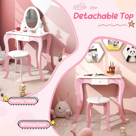 Kids Vanity Table and Stool 2 in 1 with Rotatable Mirror and Whiteboard-Pink &amp; White
