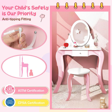Kids Vanity Table and Stool 2 in 1 with Rotatable Mirror and Whiteboard-Pink &amp; White