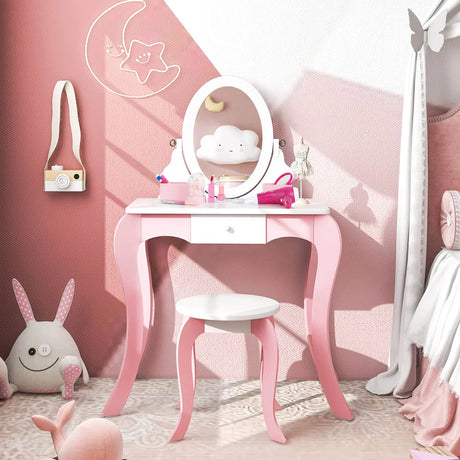 Kids Vanity Table and Stool 2 in 1 with Rotatable Mirror and Whiteboard-Pink &amp; White