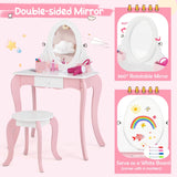Kids Vanity Table and Stool 2 in 1 with Rotatable Mirror and Whiteboard-Pink &amp; White