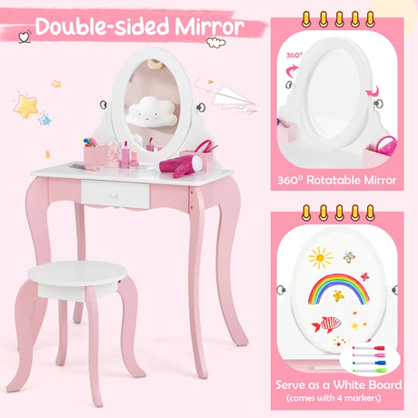 Kids Vanity Table and Stool 2 in 1 with Rotatable Mirror and Whiteboard-Pink &amp; White