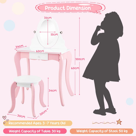 Kids Vanity Table and Stool 2 in 1 with Rotatable Mirror and Whiteboard-Pink &amp; White