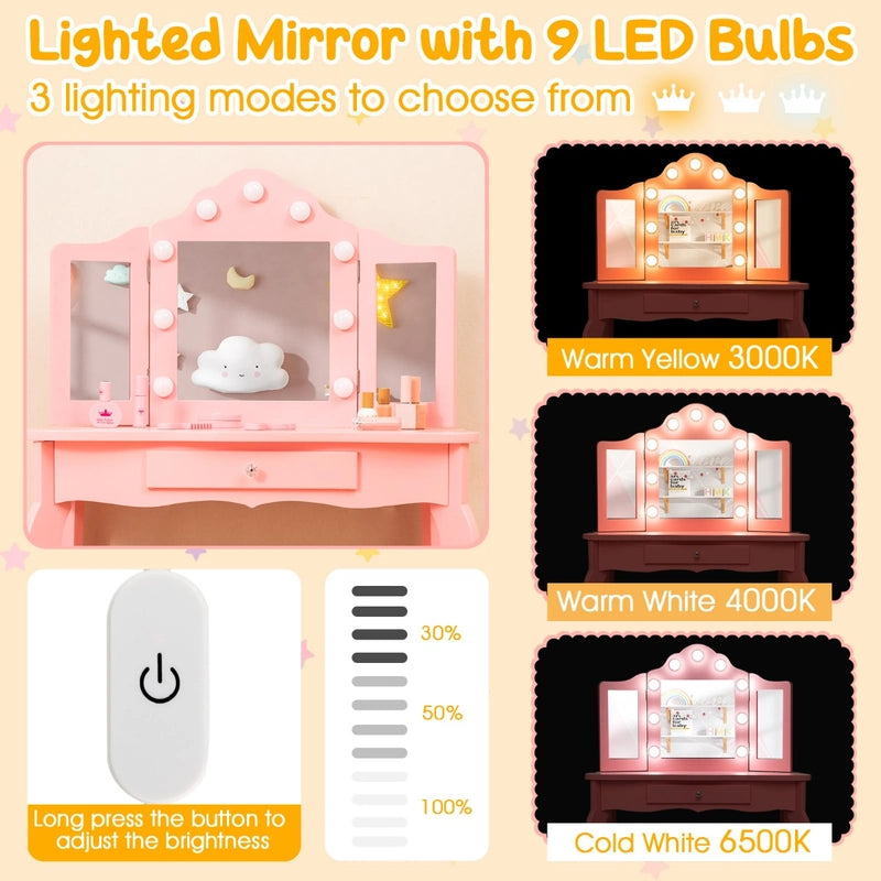 Kids Vanity Table and Stool Set with Real Glass Tri-Folding Mirror and Drawer-Pink