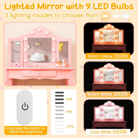 Kids Vanity Table and Stool Set with Real Glass Tri-Folding Mirror and Drawer-Pink