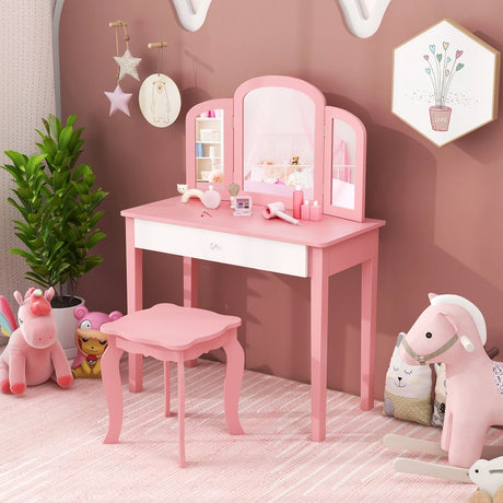 Kids Vanity Table and Stool Set Princess Makeup Dressing Table-Pink