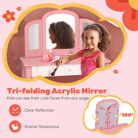 Kids Vanity Table and Stool Set Princess Makeup Dressing Table-Pink