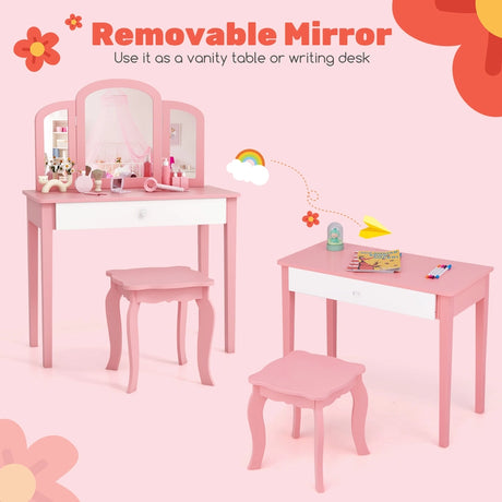 Kids Vanity Table and Stool Set Princess Makeup Dressing Table-Pink