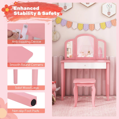 Kids Vanity Table and Stool Set Princess Makeup Dressing Table-Pink