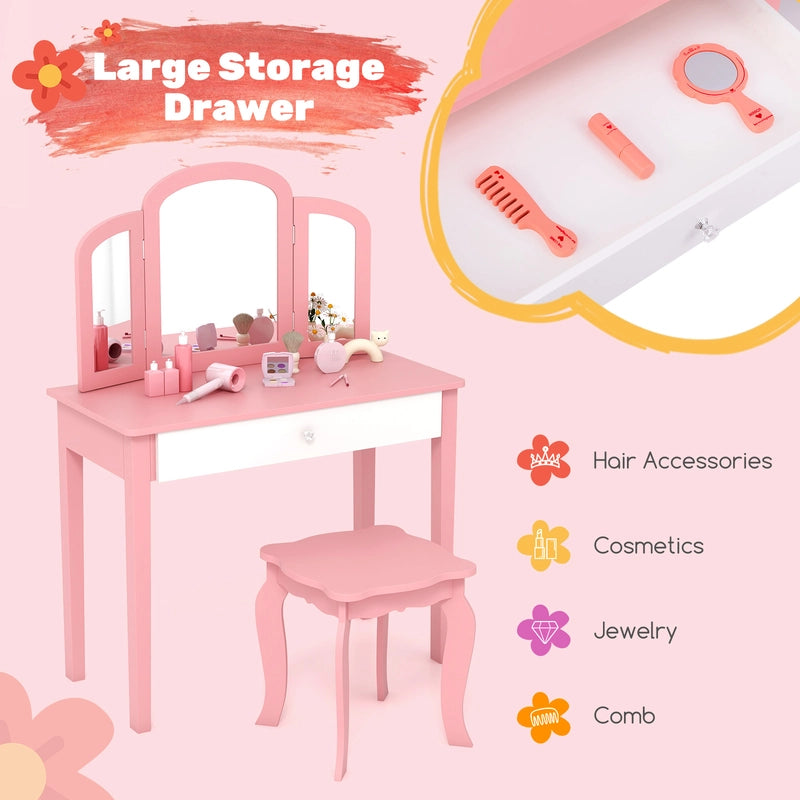 Kids Vanity Table and Stool Set Princess Makeup Dressing Table-Pink