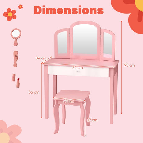 Kids Vanity Table and Stool Set Princess Makeup Dressing Table-Pink