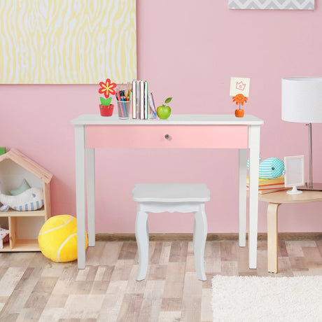 Kids Vanity Table and Stool Set Princess Makeup Dressing Table-White