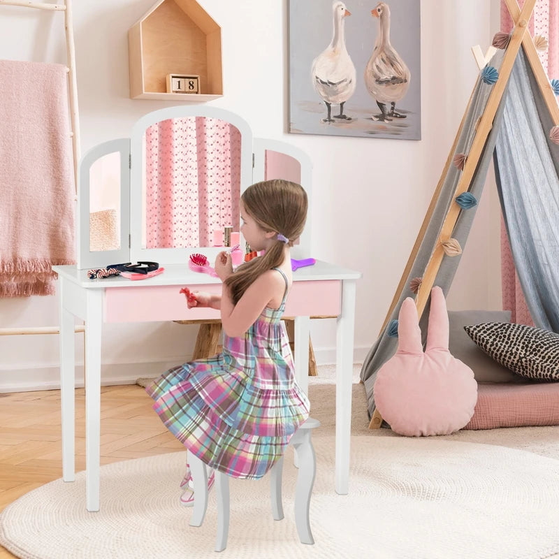 Kids Vanity Table and Stool Set Princess Makeup Dressing Table-White