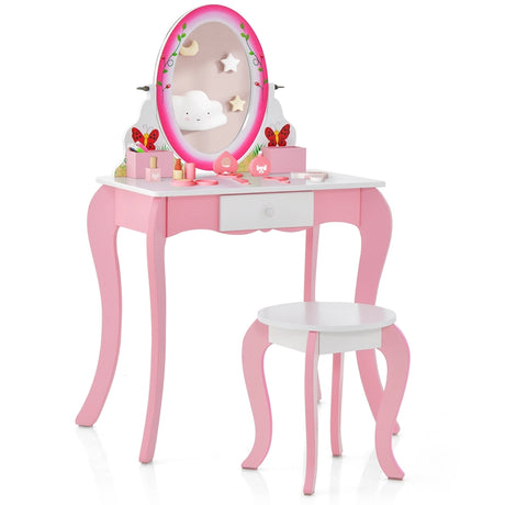 Kids Vanity Table and Stool Set with 360 Rotating Mirror and Whiteboard-Pink