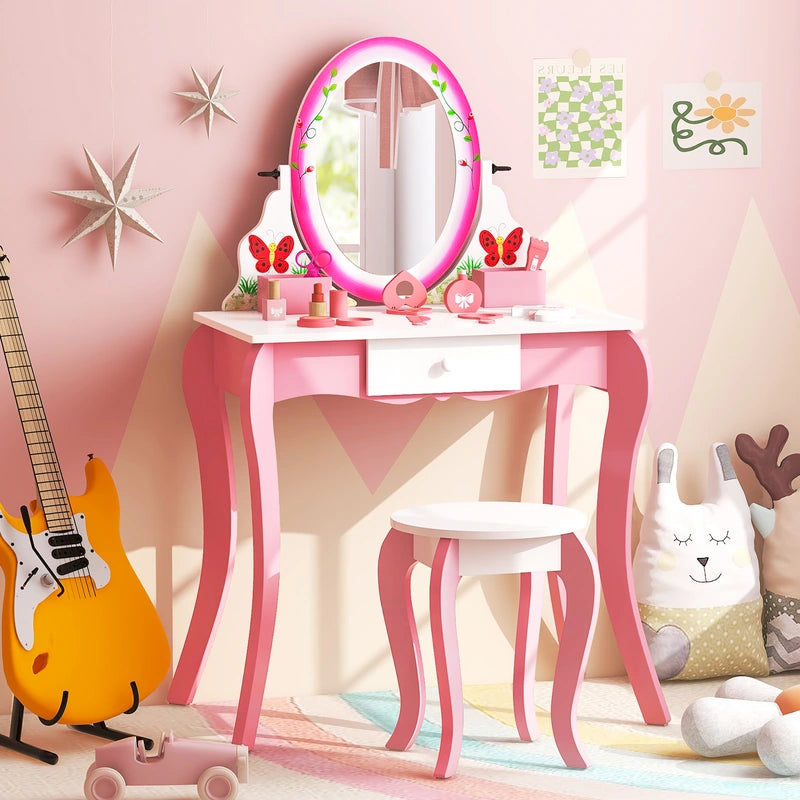 Kids Vanity Table and Stool Set with 360 Rotating Mirror and Whiteboard-Pink
