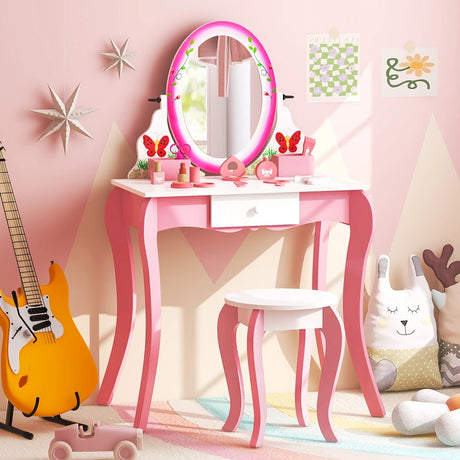 Kids Vanity Table and Stool Set with 360 Rotating Mirror and Whiteboard-Pink