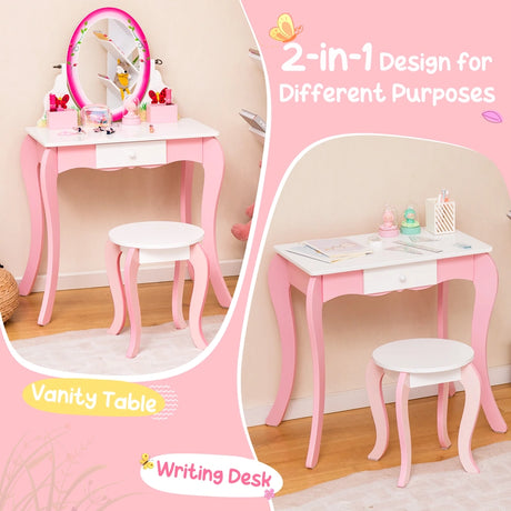 Kids Vanity Table and Stool Set with 360 Rotating Mirror and Whiteboard-Pink