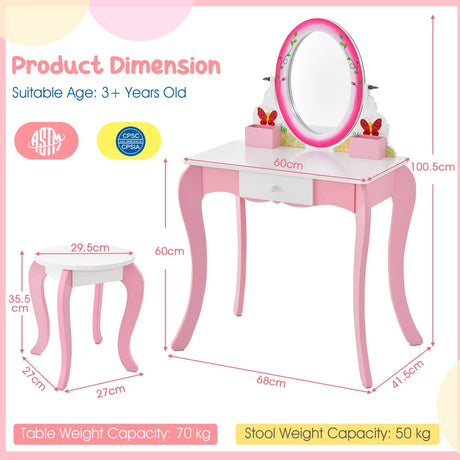 Kids Vanity Table and Stool Set with 360 Rotating Mirror and Whiteboard-Pink