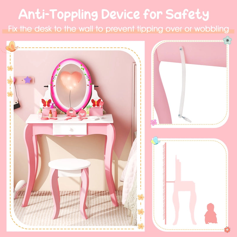 Kids Vanity Table and Stool Set with 360 Rotating Mirror and Whiteboard-Pink