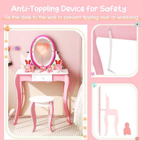 Kids Vanity Table and Stool Set with 360 Rotating Mirror and Whiteboard-Pink