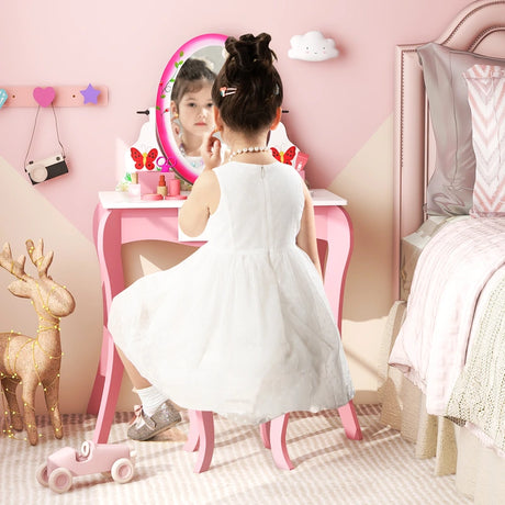 Kids Vanity Table and Stool Set with 360 Rotating Mirror and Whiteboard-Pink