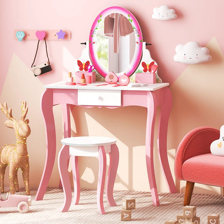 Kids Vanity Table and Stool Set with 360 Rotating Mirror and Whiteboard-Pink
