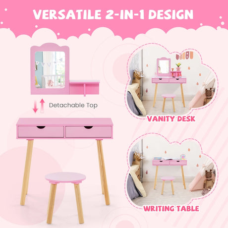 Kid Vanity Table Chair Set with Mirror and 2 Large Storage Drawers-Pink