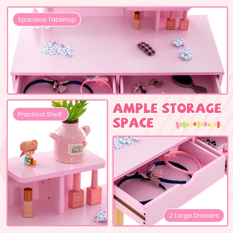 Kid Vanity Table Chair Set with Mirror and 2 Large Storage Drawers-Pink