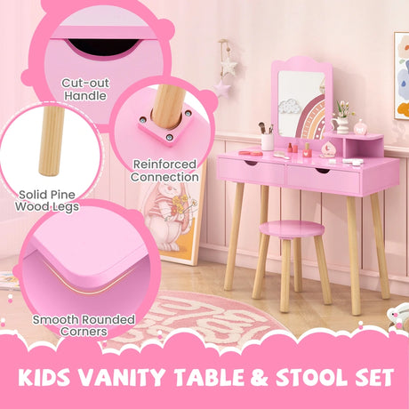Kid Vanity Table Chair Set with Mirror and 2 Large Storage Drawers-Pink